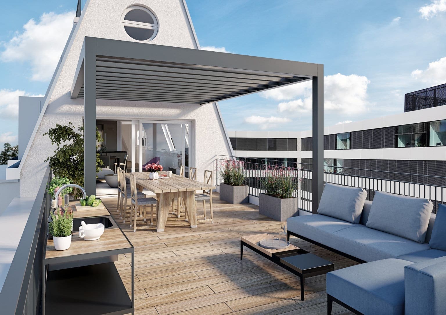 3D-Visualisierung Terrasse mit Pergola Neubau MFH Zürich