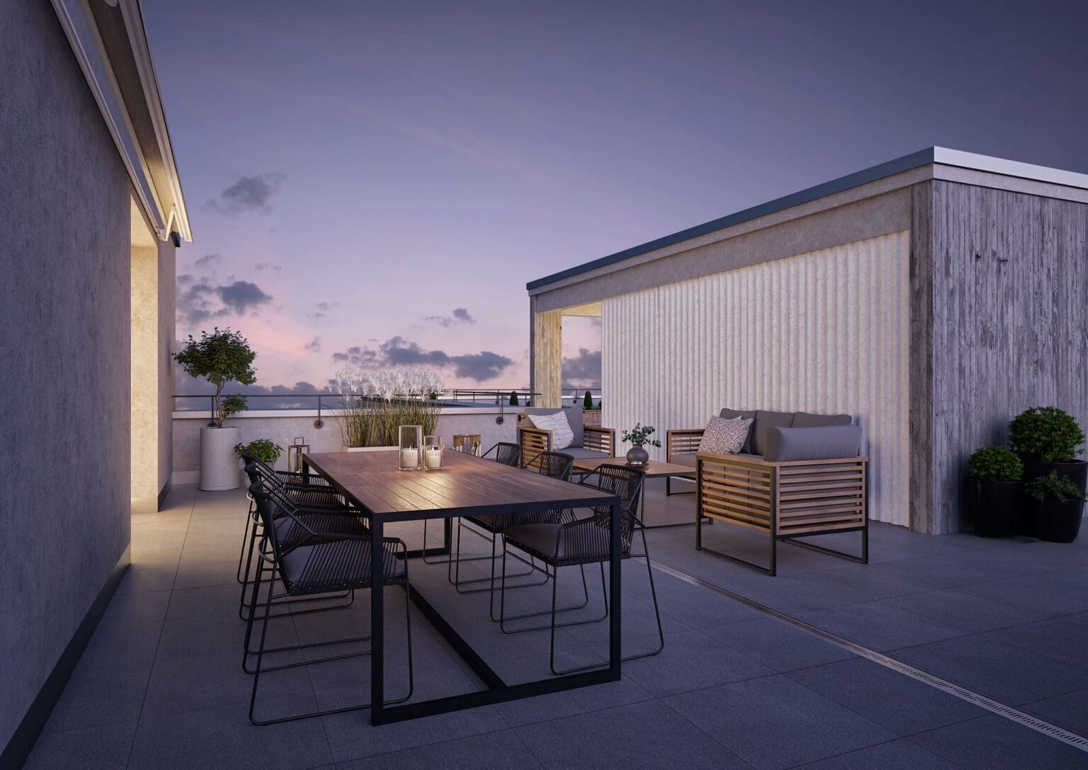 Visualisierungen Immobilien Terrasse mit Abendlicht